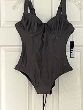 TA3  Sz L Lifty Pewter Gray Underwire B/C Short Corset One Piece Swimsuit NWT